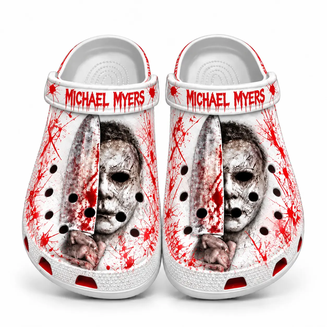 Horror Slasher Graphic Clogs, White & Red Splatter Slip-On Shoes, Spooky Mask Print Garden Sandals, Unisex Lightweight Casual Clogs
