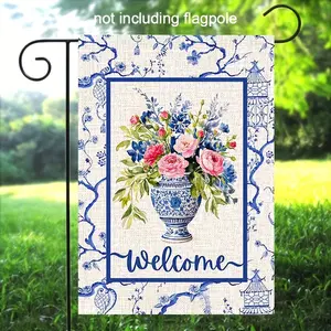 Elegant Garden Flag Blue And White 1pc Chinoiserie 12x18 Inch Spring Decor With Watercolor Pink Peonies Butterfly And Floral Design Perfect For Easter Summer Outdoor Holiday Durable Linen Fabric No Flagpole Included