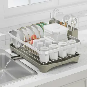 304 Stainless Steel Dish Drying Rack Automatic Drainage with Adjustable Nozzle Detachable Utensil Holder Space-Saving Kitchen Counter Organizer Gray
