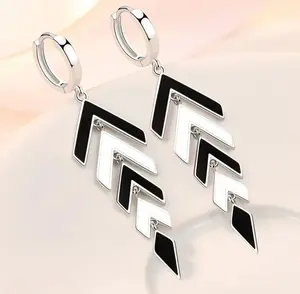 Chic 925 Sterling Silver Black/White Arrow Long Tassel Hoop Earrings.