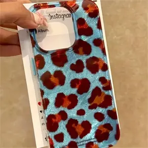 Vintage Leopard Print Phone Case for Apple iPhone 11-17 Pro Max, High-Quality Blue Background Design, Stylish Protective Cover, Casing, Protector