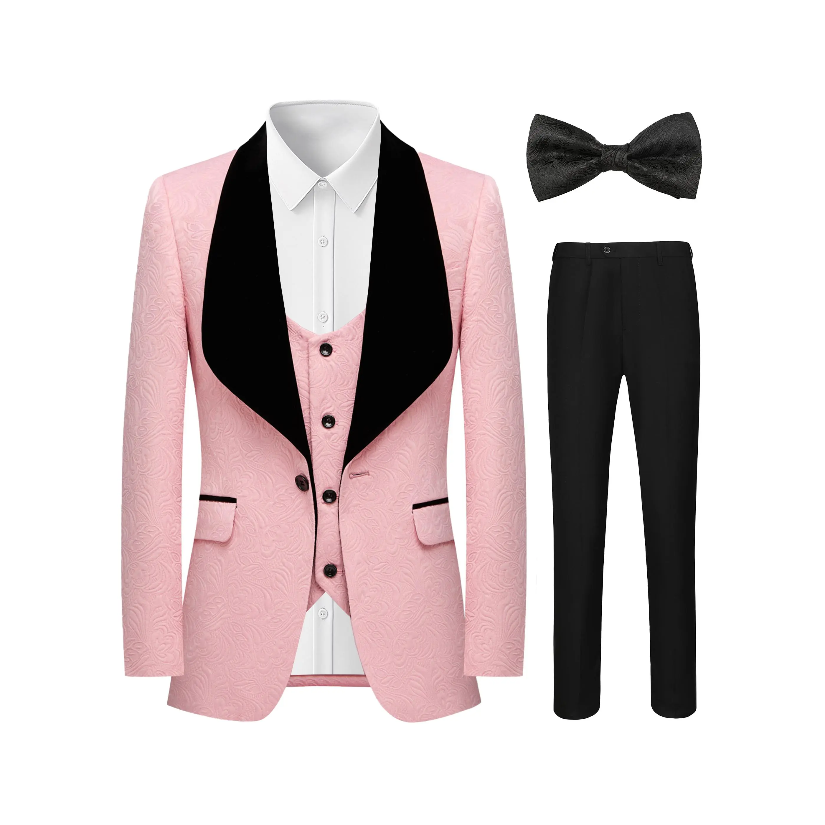 Men's 4-Piece Elegant Jacquard Full Suit Set - Longsleeves Double-Breasted Polyester Formal Wear with Shawl Collar Blazer, Vest, Pants, Bow Tie, Slim Fit Buttons for Weddings, Galas, Classic