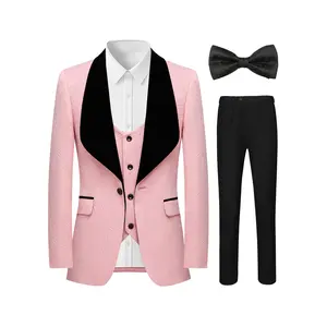 4-Piece Exquisitely Elegant Shawl Collar Double-Breasted Jacquard Suit Blazer Vest Pants Bow Tie Perfect Formal Outfit for Galas, Dates, Proposals & Wedding Ceremonies