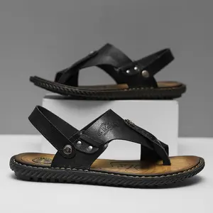 Mens Casual Outdoor Sandals Flip Flops Thong Leather Slip On Two uses Toe Ring Beach Shoes