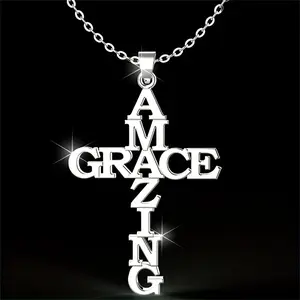 Stainless Steel "Amazing Grace" Cross Shape Pendant Necklace,Christian Inspirational Jewelry Gifts Christmas, Thanksgiving, Christmas Gift