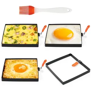 4 count Square Egg Rings 8 Inch Large Pancake Molds Stainless Steel Griddle Omelette Rings with Orange  Handle Oil Brush for Household Breakfast Omelette Sandwich Cooking Tool