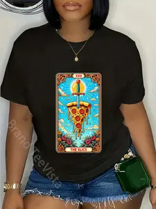100% Cotton Unisex Tarot Card Pizza Shirt Funny Knife Pizza Slice Fast Food T-Shirt