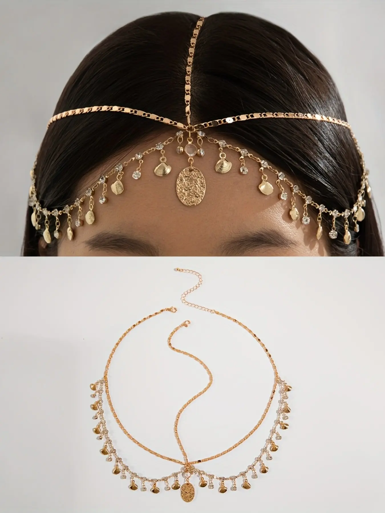 Bohemian Metal Shell Headpiece with Elegant Crown Design, Rhinestones and Fringe, Geometric Pendant Hair Accessory for Parties, Wedding, Eid, Gift for Friends, Crown Headband, Wedding Hair Accessories