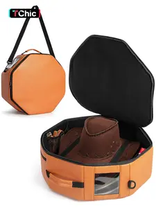 Vegan Leather Hat Box Fits 4 Cowboy or Wide-Brim Hats, Hat Storage Box for Women & Men, Cowboy Hat Box for Travel, Hat Bag Hat Case, Space Saving Organizer, Padded Storage Case with Shoulder Strap & Trolley Sleeve for Travel or Home Storage