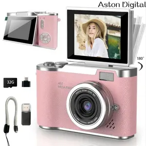 Aston DigitalPortable Digital Cam, Student Camera, Compact Pocket Camera, 180 °   Degree Flip Screen Camera For Women, Entry-Level 1080P Pink Camera With 32GB Memory Card, Video Vlog, Photography, Birthday, Christmas New Year Gift