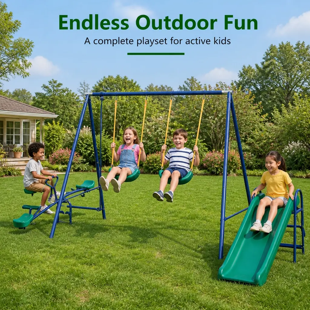 ARCH 4-in-1 Steel Home Playground Equipment - Durable Kids Outdoor Play Set with Seesaw, Belt Swing, Slide, Glider | 138"x87"x71", 95.90 lbs, Fits 7 Children, Patio Outdoor Play Solution