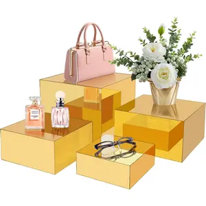 4Pcs Gold Acrylic Mirrored Risers Display Stands for Buffet Table Catering Dessert Perfume Jewelry Collection Party Centerpieces (Size 5",6",7",8")