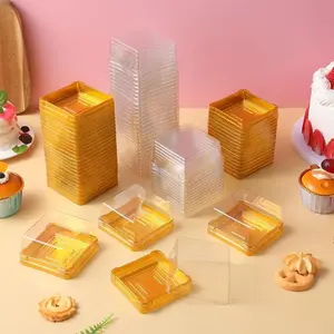 100 Set 3" Mini Cupcake Containers Plastic Square Containers with Lids Cupcake Boxes Muffin Pod Dome Muffin Single Individual Container Box for Wedding Birthday Gifts Supplies (Golden)