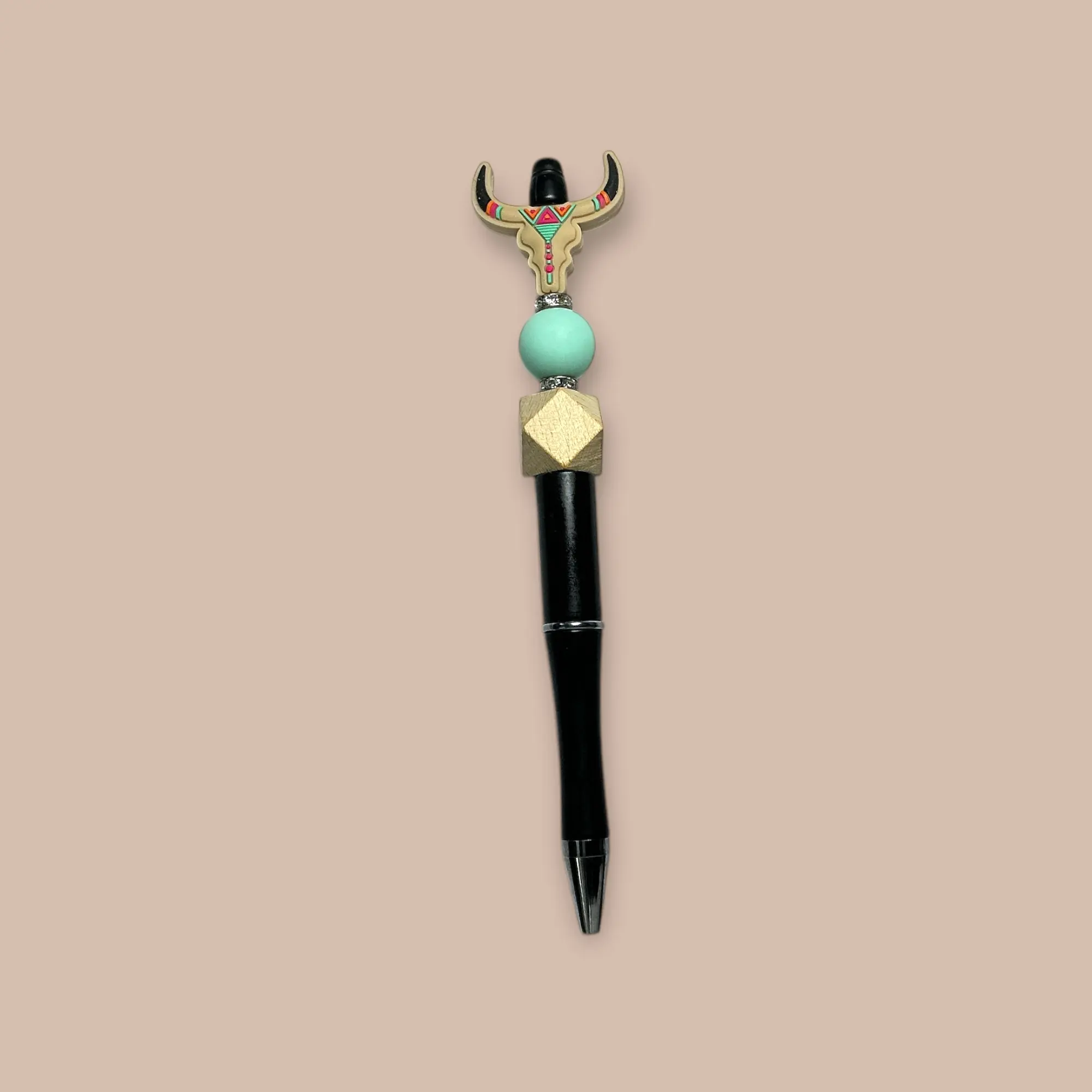 Beaded Pen with Bison Skull Charm, Black Ink, Sparkling Diamond Accent, Elegant Design, Durable Build, Perfect for Office or Stationary Collection