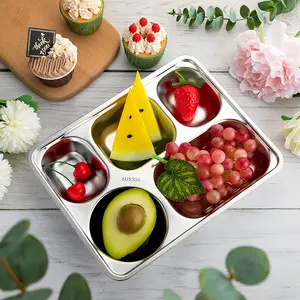 4pcs Deep Stainless Steel Divided Plates, Rectangular Portion Control Dishes with 5 Compartments, Ideal for Lunch Dinner Camping