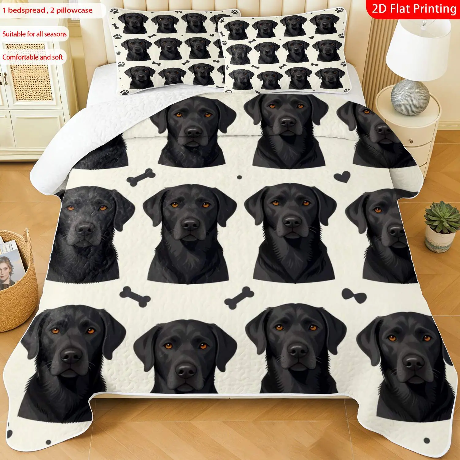 3pcs, 2D flat print Black Labrador Retriever Pattern Quilted Bedspread Set multiple sizes available, bedding set, festive decorative bedding, ideal for bedroom décor(1 bedspread , 2 pillowcase)