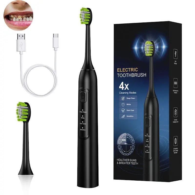 Rechargeable Electric Toothbrush for Adults - 4 Modes, Smart Timer, Waterproof Handle, 2 Replaceable Brush Heads, Deep Cleansing, Brush Evenly, Ideal Beauty Products Gift (Black), Sensitive Areas, Personal Use, Good Habits, Gum Health, Gum Care Mode