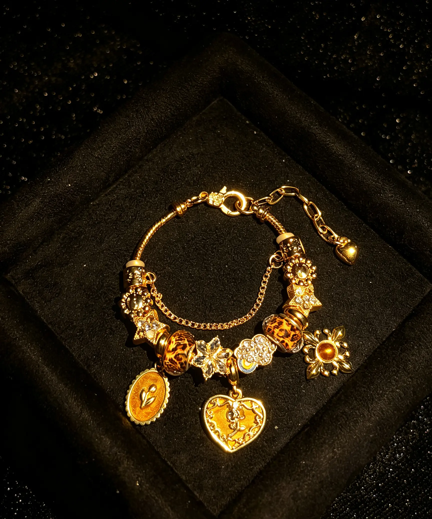 Gold Leopard Print Beaded Charm Bracelet, Vintage Heart Pendant Bangle with Crystal Flower Dangle Charms, Women Fashion Jewelry Gift