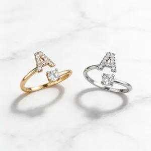 A to Z Initial Letter Zircon Ring Adjustable  Gift Jewelry