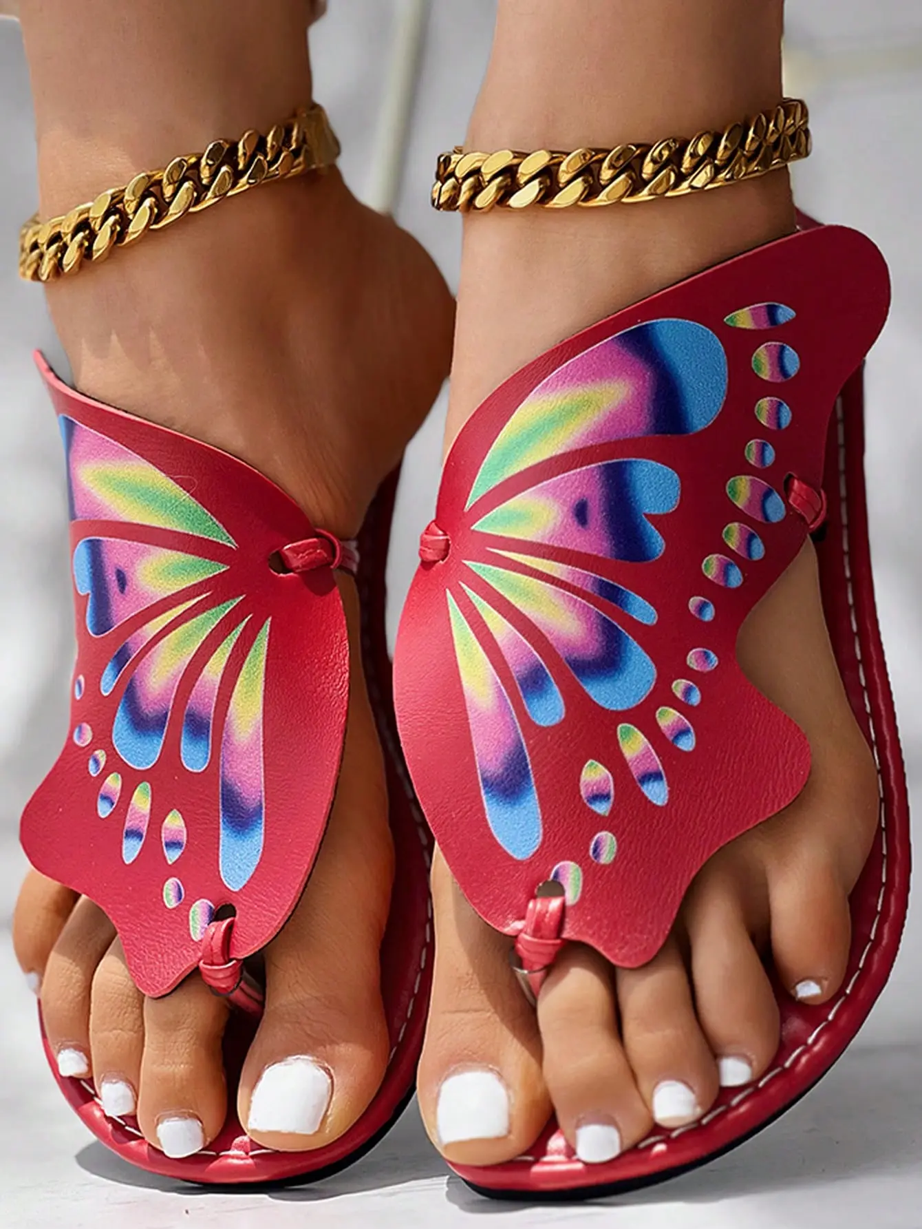 Colorblock Butterfly Print Toe Post Slippers