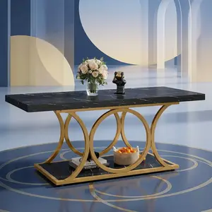 47.24 Inch 2-Tier Faux Marble Coffee Table Geometric Gold Metal Leg Storage Shelf Modern Living Room Home Furniture