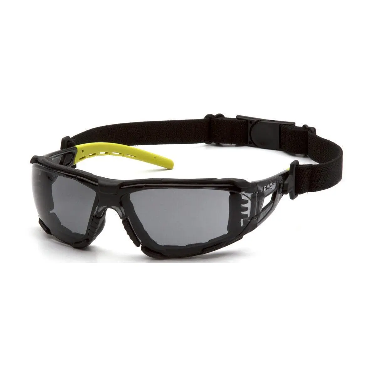 Pyramex Fyxate Safety Glasses - Black/Lime Frame with Foam Padding, Gray H2MAX Anti-Fog Polycarbonate Lenses, Can/CSA Z94.3 Certified, Abrasion-Resistant, Chemical-Resistant, 9.5 Base Curve Work Protective Gear for Construction, Safety Goggles, Wrap Aroun