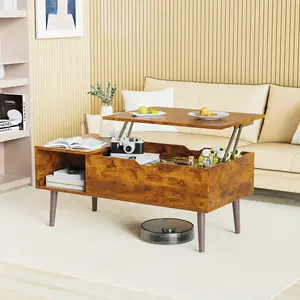 New Tea Table Wooden Furniture With Hydraulic Lifting Tabletop, Large Off-the-ground Storage Shelf And Hidden Compartment For Living Room Offic