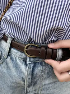 Women's Simple Versatile Denim Belt, Vintage Button Buckle Thin Leather Strap, Fashionable Accessory for Everyday Wear, Stylish and Durable Design