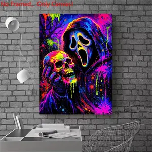 1 piece/set frameless canvas painting poster, Unframed wall art, Classic Movie scenes Poster art, Scream Ghostface and Skull Neon Art, a perfect gift for Movie loves, bedroom, living room, mural, wall decoration, room decor