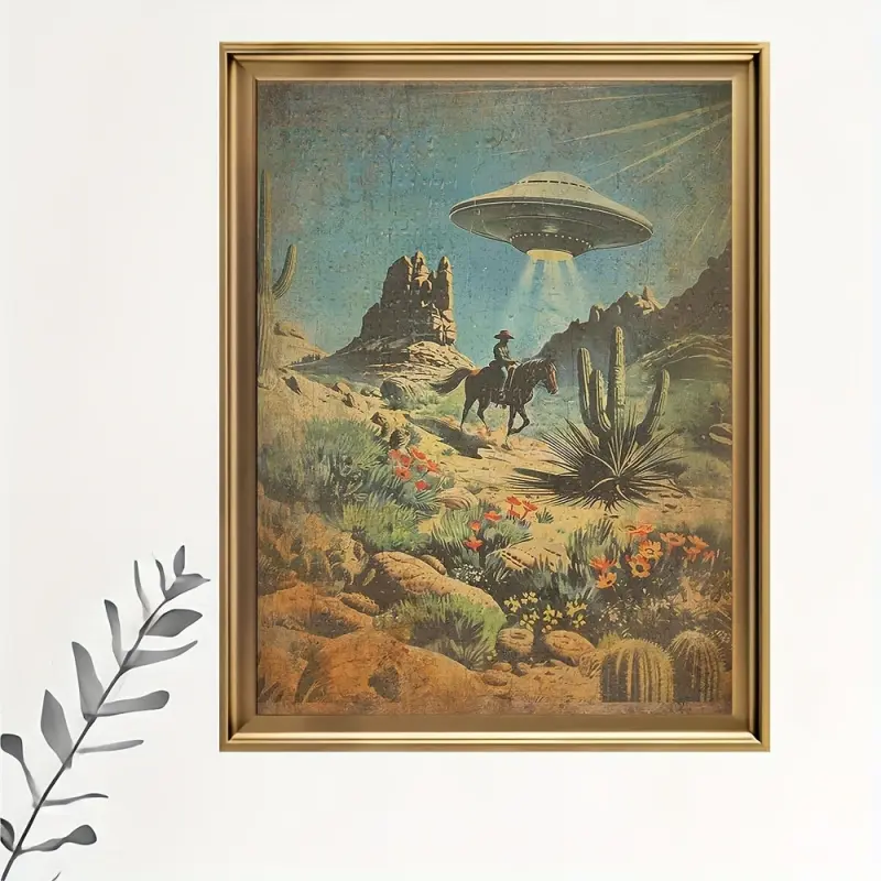[Retro Sci-Fi] UFO Western Cowboy Retro Sci-Fi Canvas Wall Art |   1pc |   Canvas |   Unique Gift for Sci-Fi Fans, Fantasy Artwork,  Home Office   for Living Room Bedroom |   Unique Gift for Sci-Fi Fans |   Retro Sci-Fi |   Un