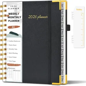 2026 Planner, Weekly and Monthly Calendar Planner from January 2026 - December 2026, 5.75" x 8.38" Hardcover Leather Hourly Appointment Book with Tabs, A5 Spiral Daily Planners for College School Work Home, Black