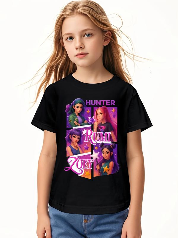 Single Piece, Short T-shirt for Girls Aged 3-12, Featuring Trendy K-pop Girl Group Patterns with 3D Printing, Made of, Machine Washable, Casual and Comfortable, Soft and Breathable, Essential for Daily Wear and Outdoor Sports.