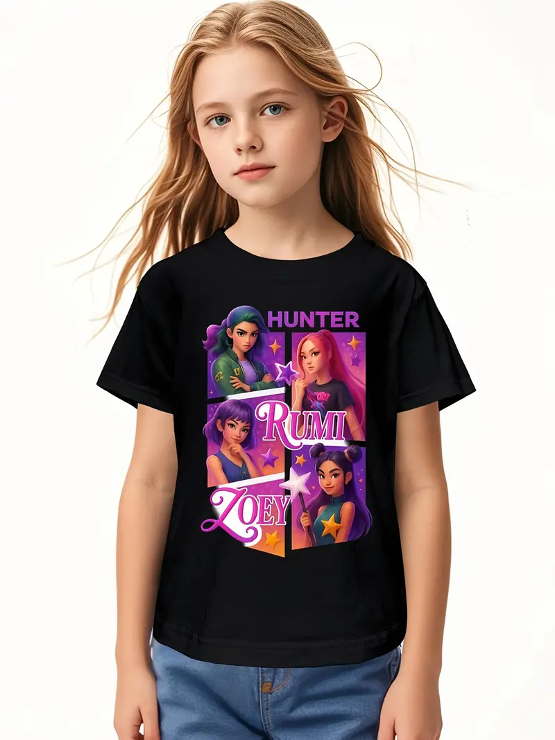 Single Piece, Short T-shirt for Girls Aged 3-12, Featuring Trendy K-pop Girl Group Patterns with 3D Printing, Made of, Machine Washable, Casual and Comfortable, Soft and Breathable, Essential for Daily Wear and Outdoor Sports.