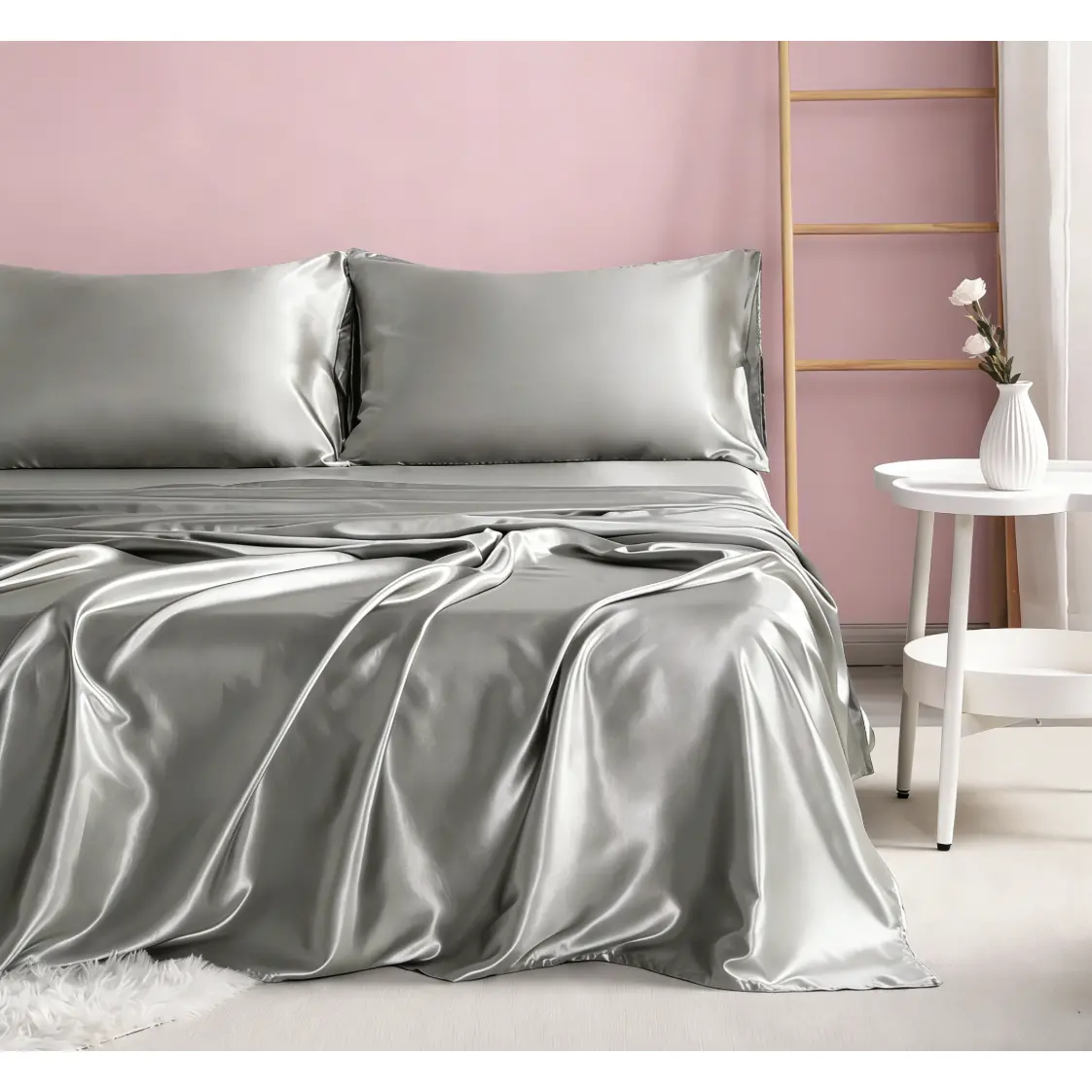 HTA 4-Piece Silky Satin Bedding Set with Satin Bed Sheets, Breathable Sheet Set, Natural Sheen, Soft Skin-Friendly Fabric, Frictionless Design, Ultra Cool Luxurious Comfort
