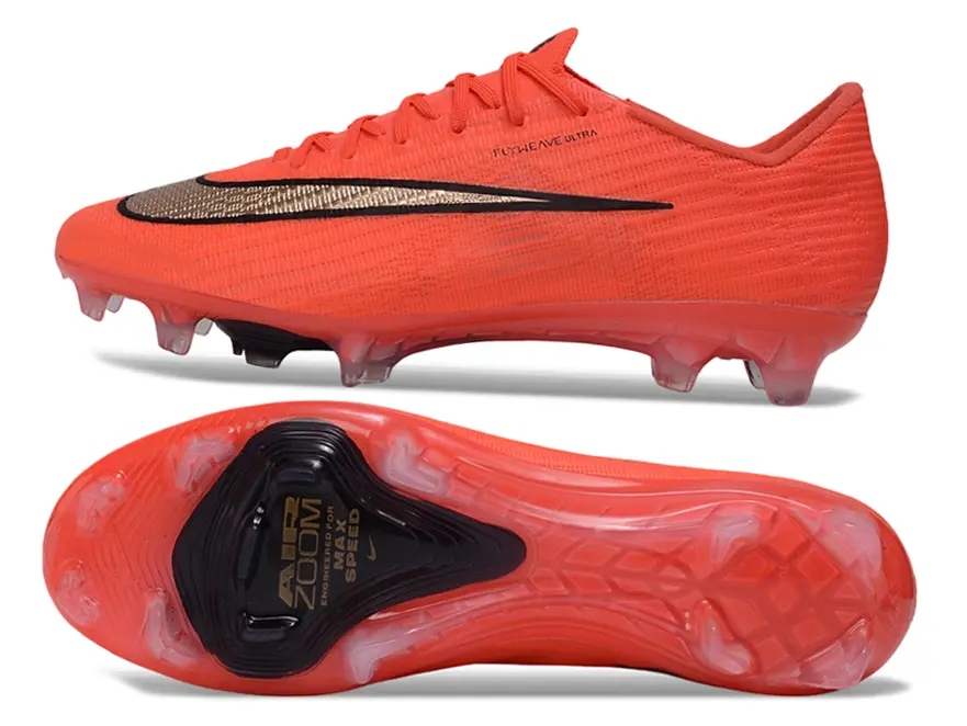 Unisex Bright Orange Low Top FG Firm Ground Soccer Cleats, Wavy Textured Upper, Streamlined Silhouette, Durable Transparent Stud Outsole, Lightweight Fit, Grippy Traction For Quick Turns, Ideal For Outdoor Grass Field Matches & Football Training
