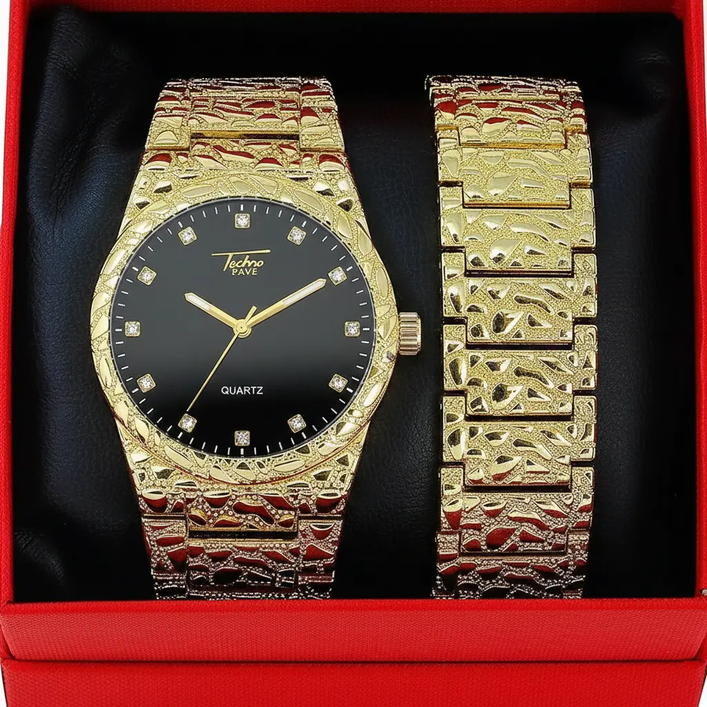 MaxBling81 Men's Hip-Hop Look Watch and Bracelet Set in Gold Plated Metal with Golden Nugget Pattern, Adjustable Removable Links and Fold-Over Lock, Adjustable Links, Alloy, Round Face, Batteries, Stylish Watches, Alloy Metal, Casual Hip Hop