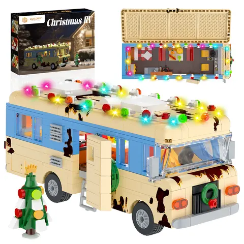 【Black Friday】BUILDIFY Christmas RV Building Set, 532-Piece Light-Up Camper Kit with Openable Roof, Detailed Interior, Holiday Village Display Decor