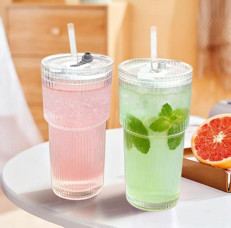 Glass Coffee Cups with Lids and Straws, Vintage Ribbed Glass Tumblers, Leakproof Design, Reusable Glass Cup for Iced Coffee Stylish Drinkware