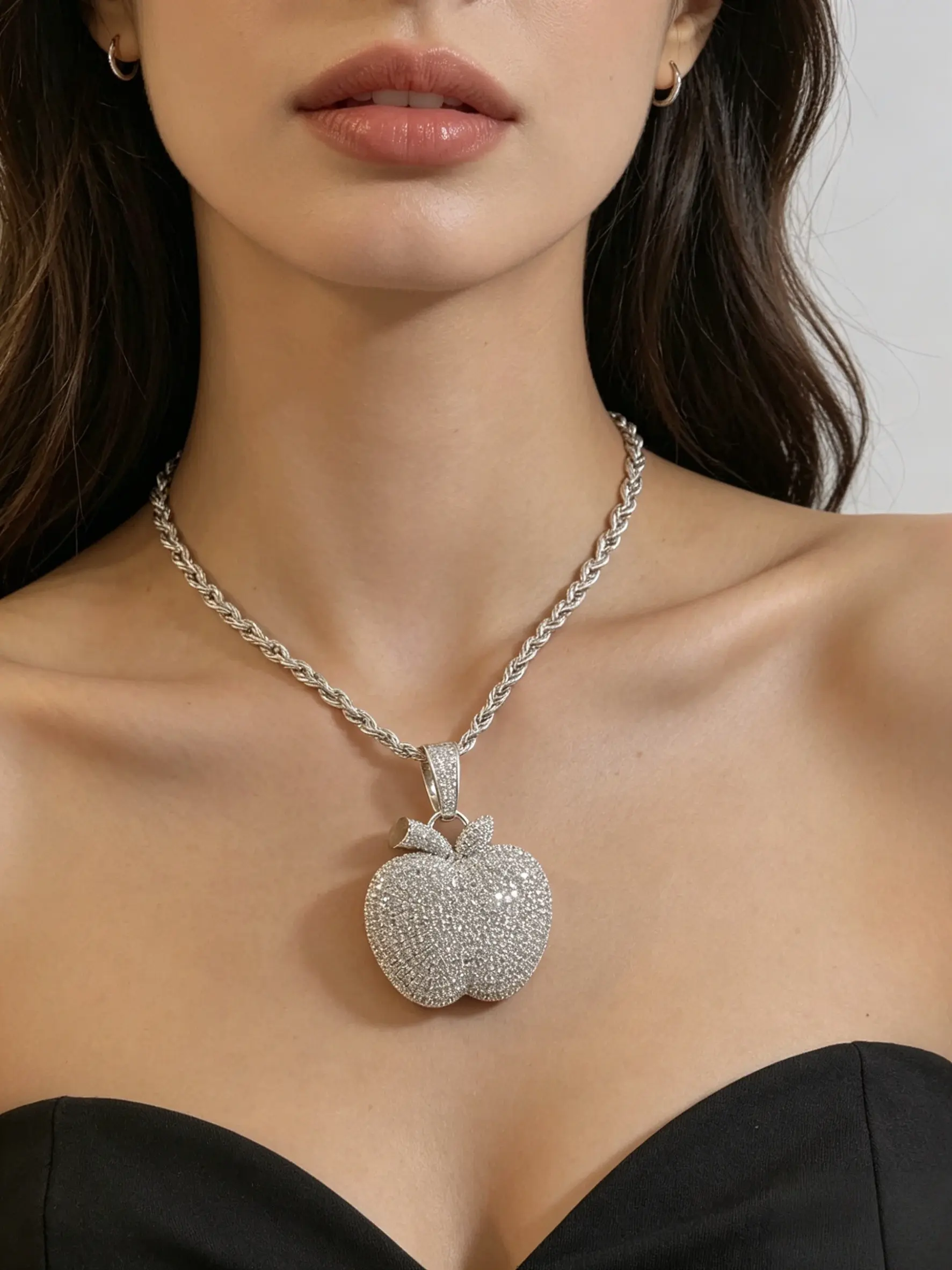 Apple Pendant Hip Hop Men's Full Diamond Necklace, Trendy Fruit Accessory, Cute Daily Jewelry for Men and Women, Unique Fashion Gift