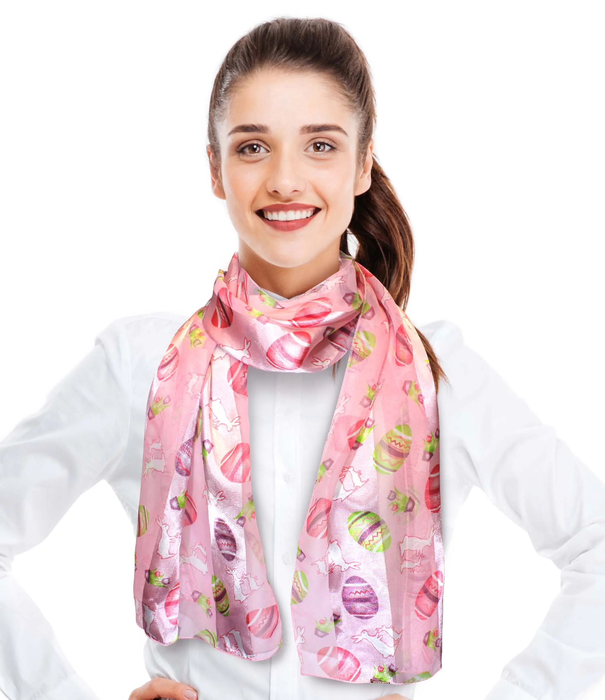CBC Crown Women's Easter Bunny Print Silk-Feel Polyester Scarf - Lightweight Clothes Accessory, 13"x60" Rectangular Drape, Hand Wash Only, for Holiday & Daily Casual Wear