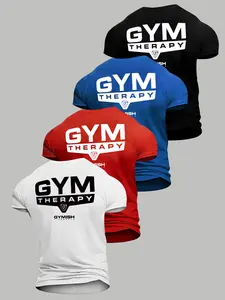 Men's Gym Therapy Letter Print T-Shirt Set, High Elastic Quick-Dry Breathable Fabric, Casual Short Sleeve Fitness Tee for All Seasons