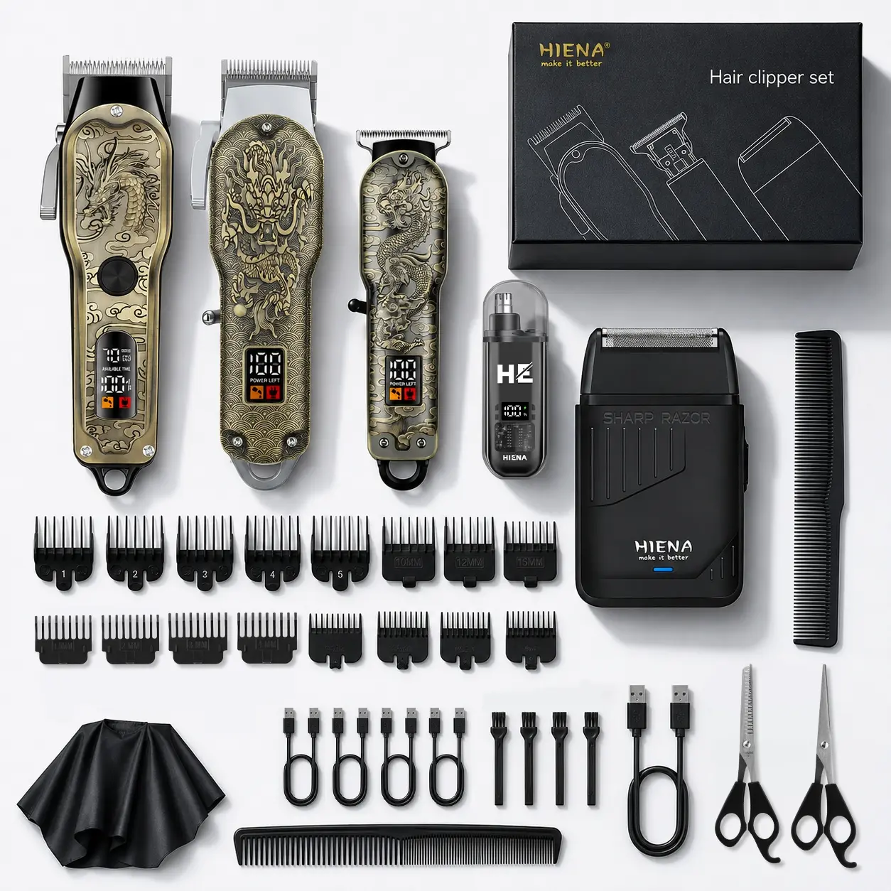 Men’s 5-piece electric hair clipper set featuring a copper dragon design; USB rechargeable electric push clippers, hairstyling trimmer, fades/edge detailing, an ideal choice for home grooming, perfect as a holiday gift and Valentine’s Day present.