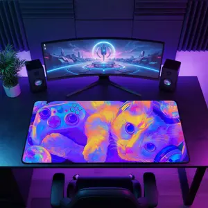 Neon Cat Desk Mat XXL: Psychedelic Trippy Feline Gaming Mousepad – Vibrant Work Setup Decor