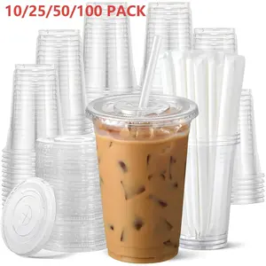 24oz Transparent Plastic Cup with Lid and Straw, Clear Plastic Cup, Durable Food Safe Ice Coffee Mug, Reusable Smoothie Cup for Cold Drinks, Plastic Clear Cups