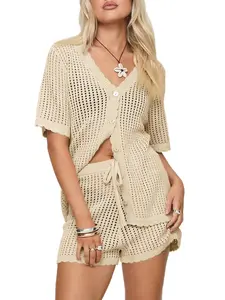 Fisoew Women's 2-Piece Crochet Bathing Suit Cover Up Set, Short-Sleeve V-Neck Button Top & Drawstring Shorts, Beachwear Cover Up for Swimsuits