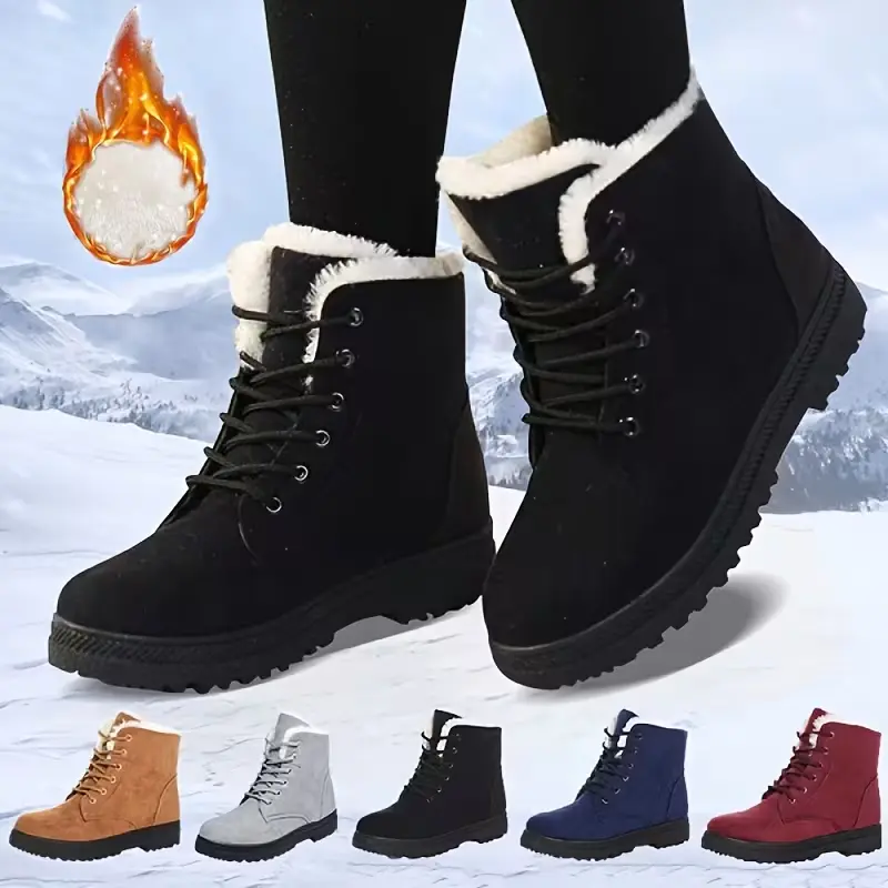 Women's Round Toe Lace Up Snow Boots, Plush Inner Thermal Platform Ankle Boots, Winter Non-slip Casual Mid Calf Boots