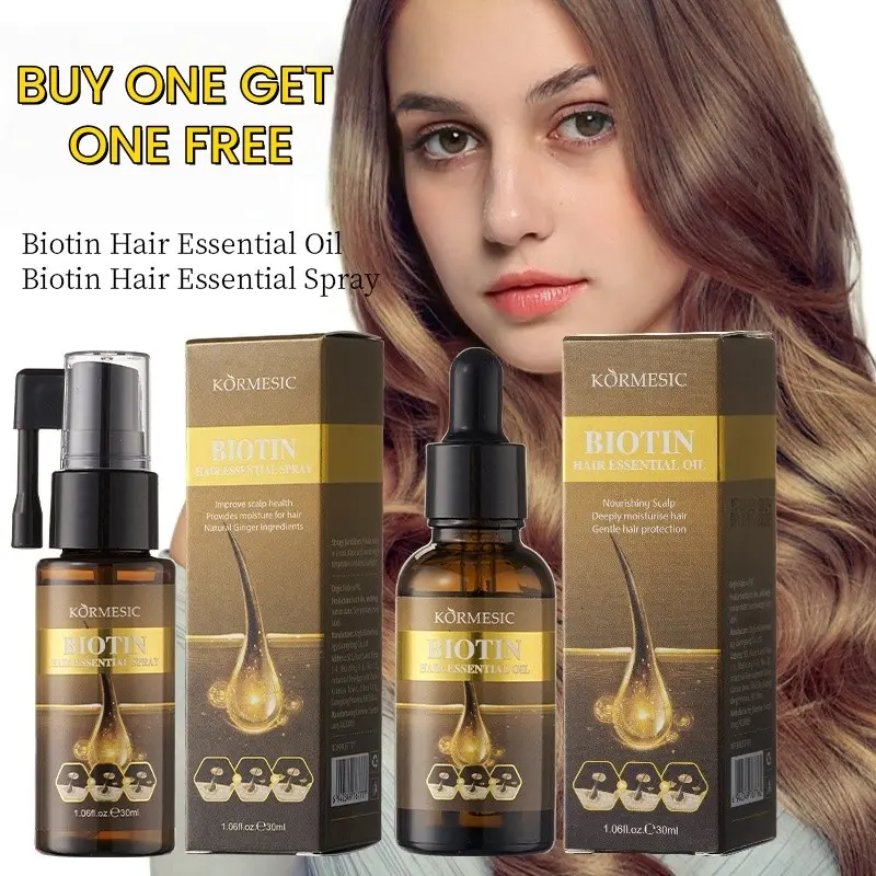 [Buy One Get One Free] KORMESIC Biotin Hair Care Set, Essential Oil & Spray Combo, Ginger Hair Treatment, Nourishes Dry Frizzy Hair, Smooth Shiny Non-Greasy, Daily Maintenance