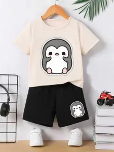 Boys Summer Short Sleeve Shorts Set, Soft Cute Penguin Print, Breathable Fabric, Loose Fit, Casual Daily Wear, Washable