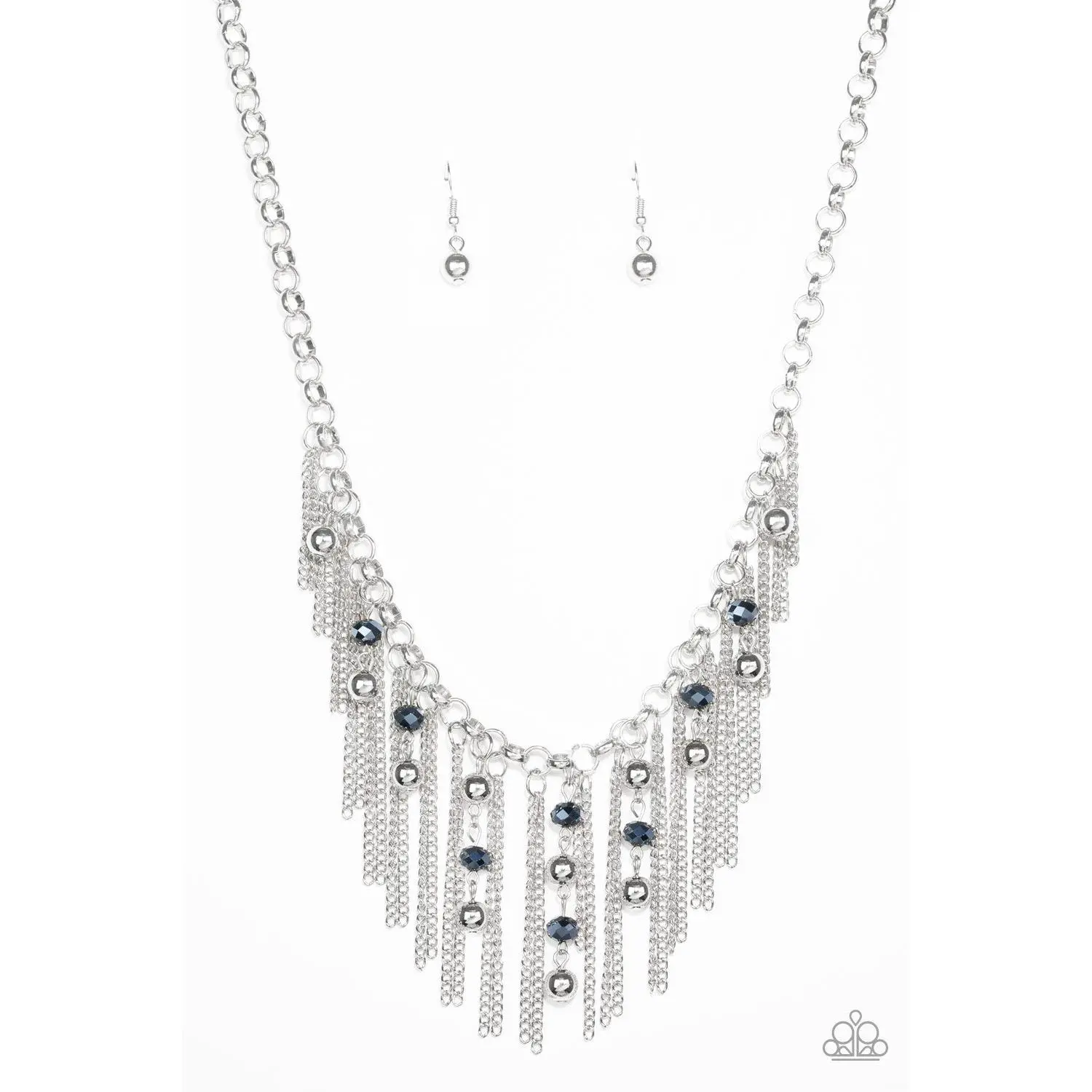 Ever Rebellious - Blue Metallic Crystal Silver Fringe Necklace - Paparazzi