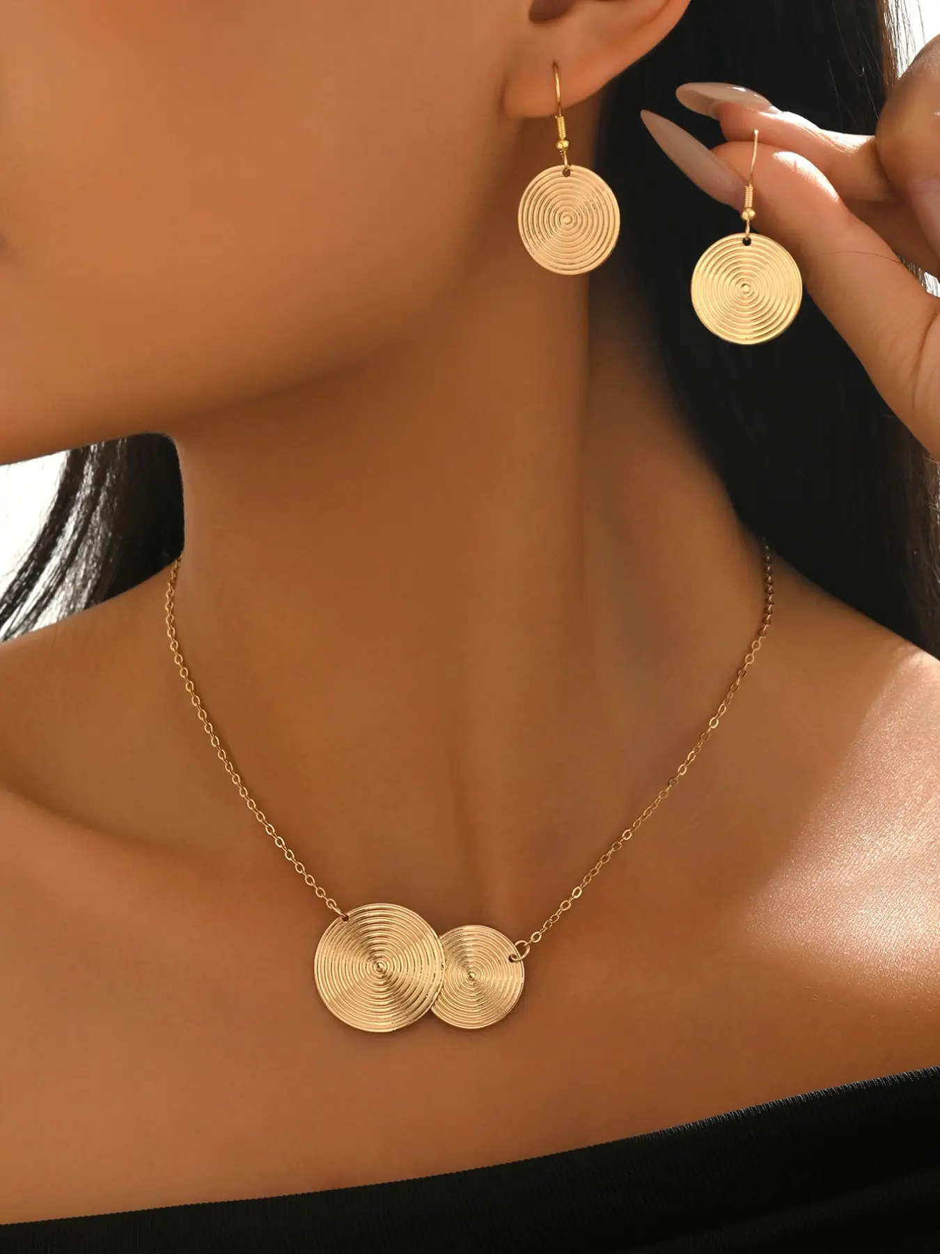 Women's Fashion Fingerprint Ear Ring Necklace Set, Golden Spiral Texture Round Pendant Jewelry, Daily Wear & Holiday Gift, Elegant Jewelry Set, Matching Jewelry Set, Fashionable Jewelry Set, Jewellery Gift Set
